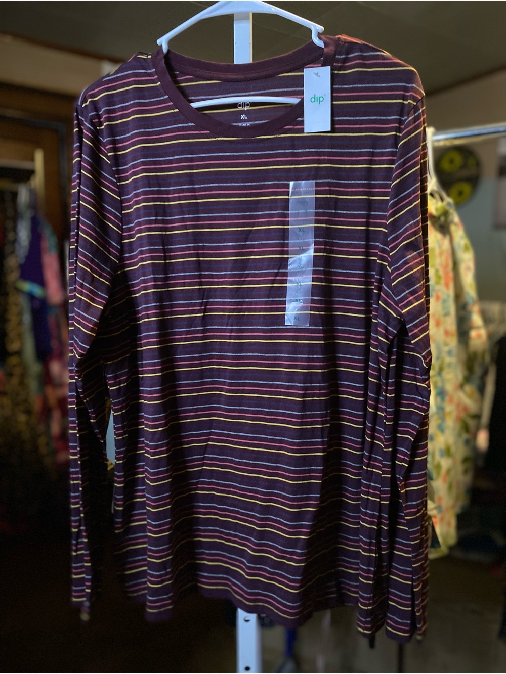 dip Burgundy Long-Sleeve Striped Tee with Yellow & White Accents